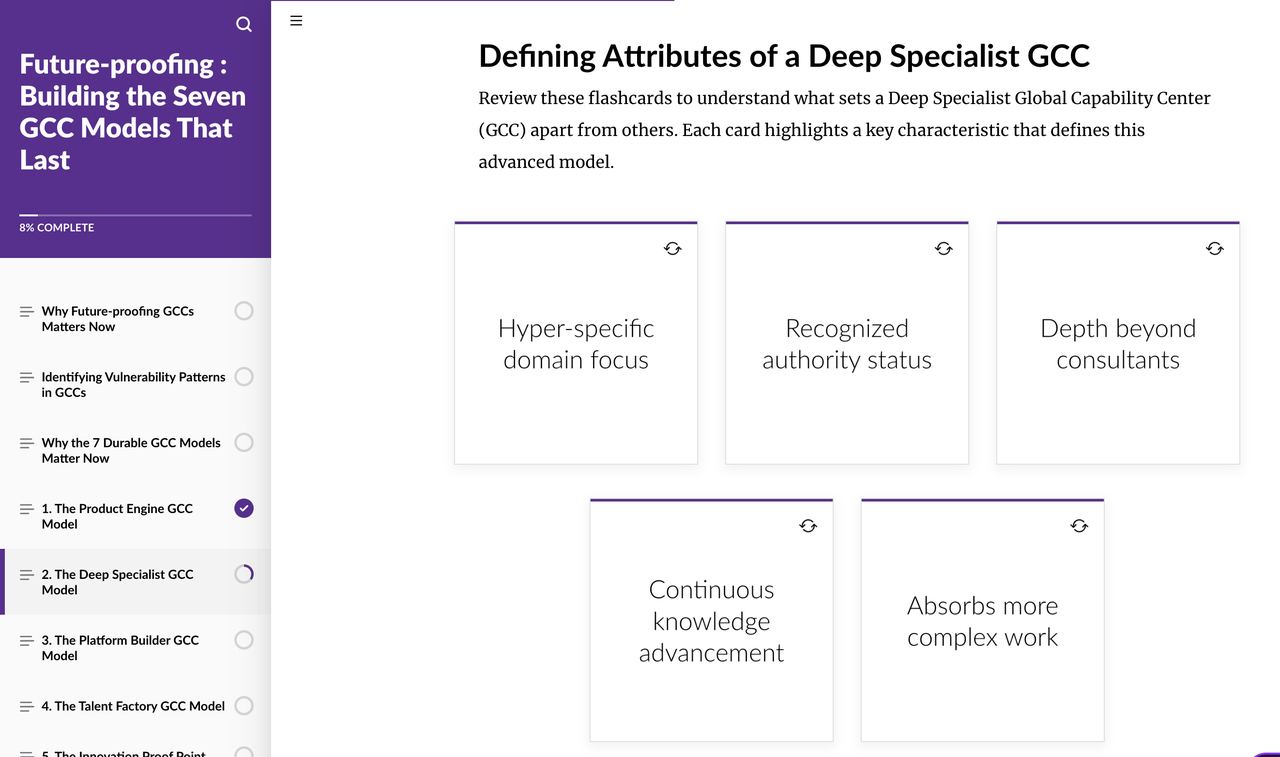 Course screen with flashcards on the attributes of a deep specialist global capability center