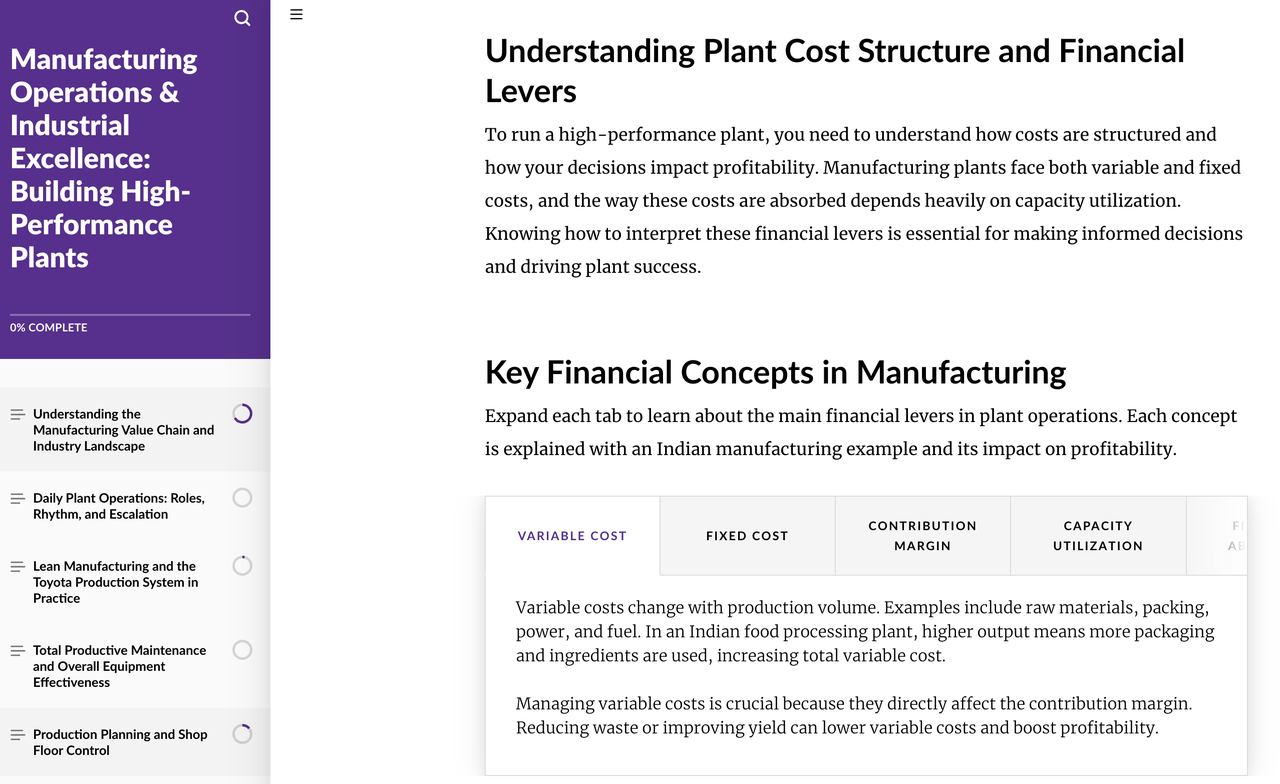 Course screen explaining plant cost structure with tabs for key financial concepts