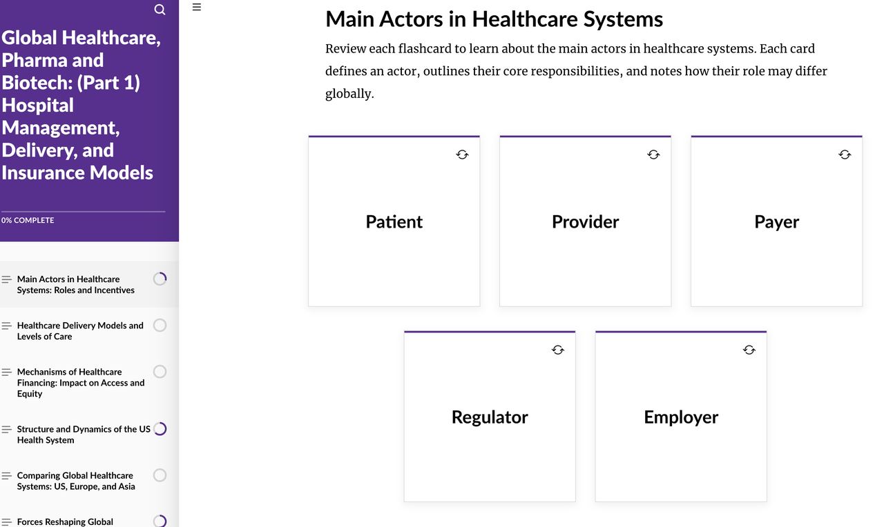 Course screen with flashcards on the main actors in healthcare systems