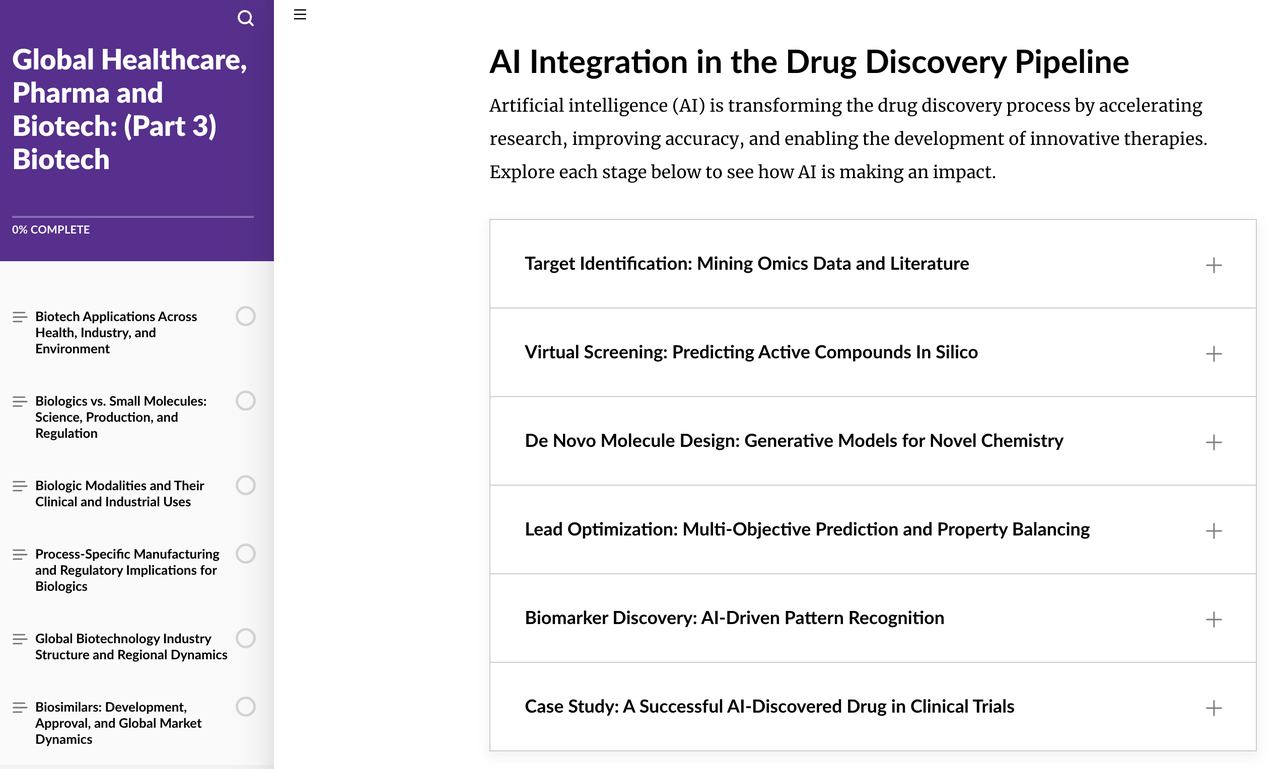 Course screen with expandable stages of AI in the drug discovery pipeline
