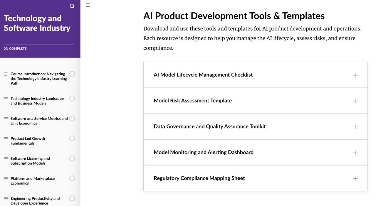 Course screen listing AI product development tools and templates