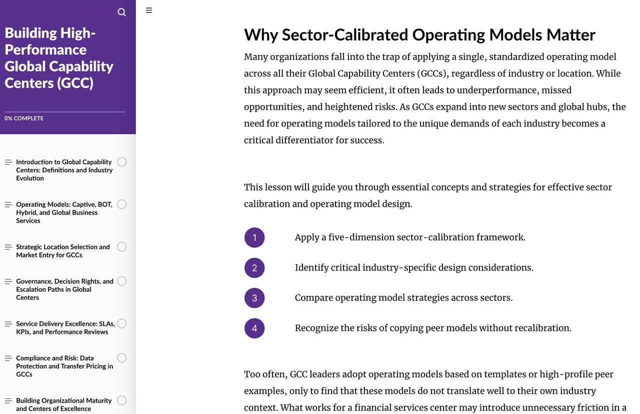 Course screen on why sector-calibrated operating models matter for global capability centers