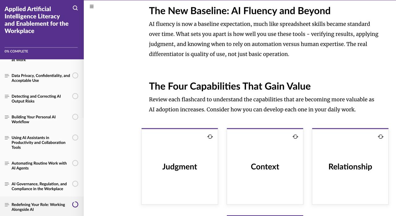Course screen on AI fluency with flashcards of capabilities that gain value