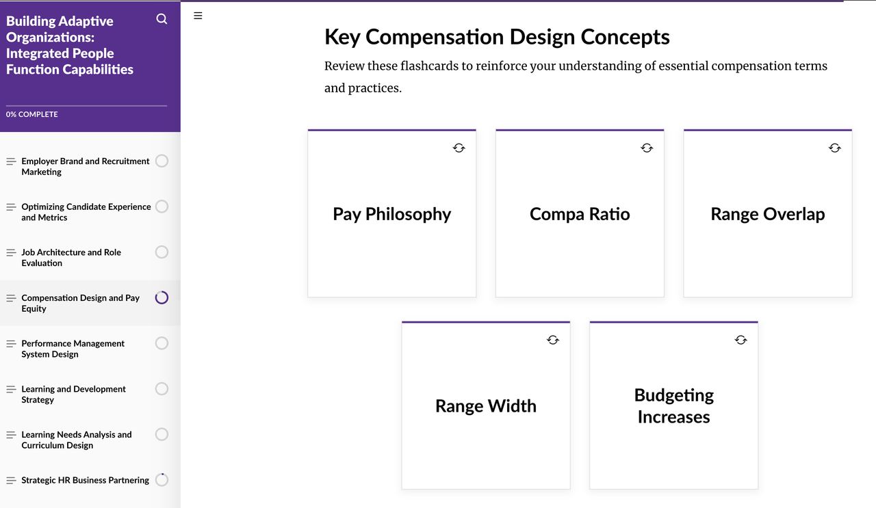 Course screen with flashcards on key compensation design concepts